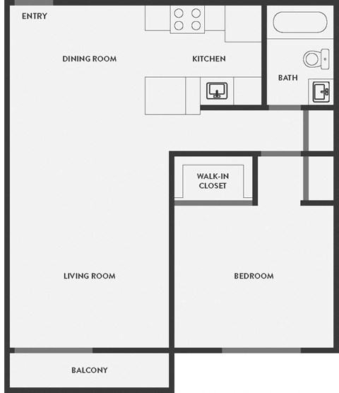 Floor plan for 1 bed, 1 bath, 708 sqft